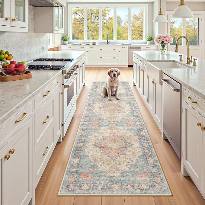 RELEANY Area Rugs Runner 2'6"x8' Washable Non-Slip, Floral Vintage Distress Medallion Carpet for Kitchen Hallway Bedroom Beside Laundry Room Bathroom, Blue Orange Red