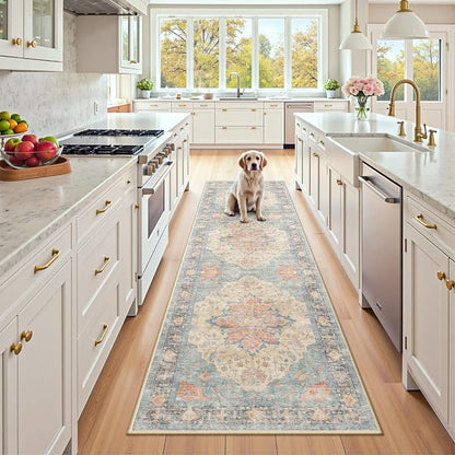 RELEANY Area Rugs Runner 2'6"x8' Washable Non-Slip, Floral Vintage Distress Medallion Carpet for Kitchen Hallway Bedroom Beside Laundry Room Bathroom, Blue Orange Red