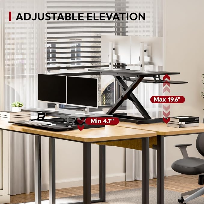SANODESK 42" Extra Large Standing Desk Converter, Height Adjustable Sit Stand Riser with Wide Keyboard Tray, Dual Monitor Workstation for Home Office, Ergonomic Desktop Riser, Black