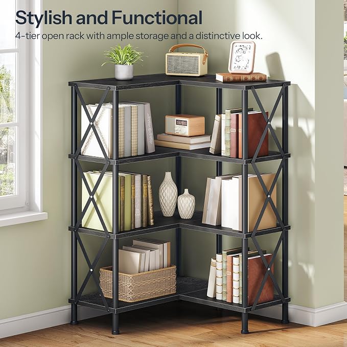 HOOBRO Corner Bookshelf, 4-Tier L-Shaped Bookcase, Industrial Open Display Shelf Tall Storage Organizer, Vertical Storage Rack, for Living Room, Home Office, Black BB59SJ01