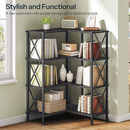 HOOBRO Corner Bookshelf, 4-Tier L-Shaped Bookcase, Industrial Open Display Shelf Tall Storage Organizer, Vertical Storage Rack, for Living Room, Home Office, Black BB59SJ01