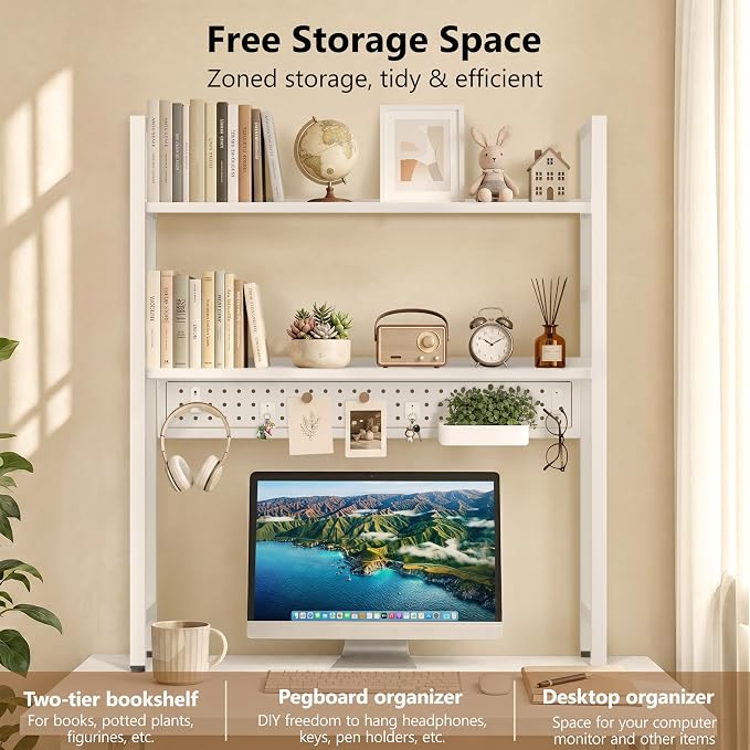 Brakki 2-Tier Desk Shelf, Desk Hutch Bookshelf, Desktop Shelf Bookcase with Pegboard and Hooks for Computer Monitor, Metal Desktop Hutch Storage Organizer for Dorm Home Office, 30" W， White
