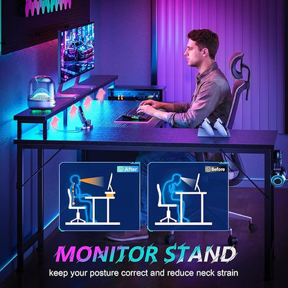 Korfile 66'' L Shaped Gaming Desk with Drawers and Storage Shelves, Reversible Corner Desk with Power Outlets and Host Stand, Large Computer Desk with Led Lights for Gaming, Work, Home Office, Black