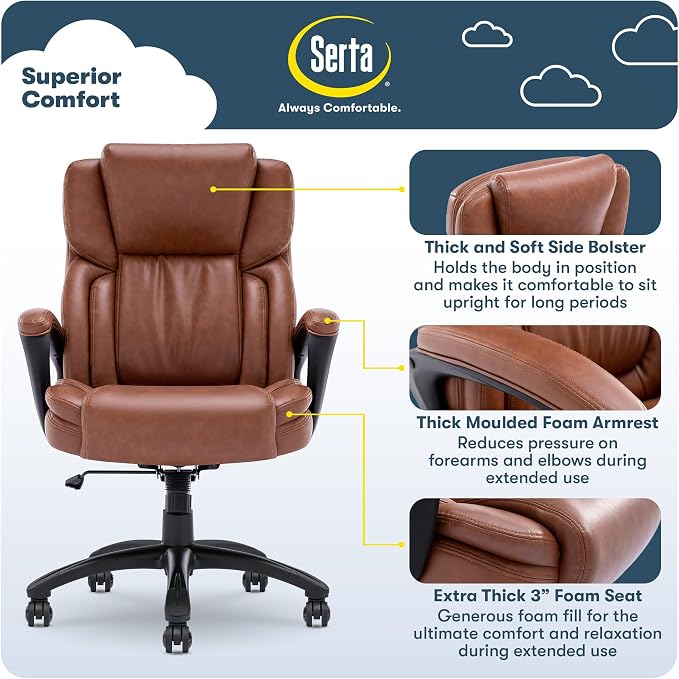 Serta Garret Executive Office Chair, Ergonomic Mid-Back with Lumbar Support, Semi-Plush Cushion and Body Pillows, Padded Armrests, Swivel Base, Bonded Leather, Cognac