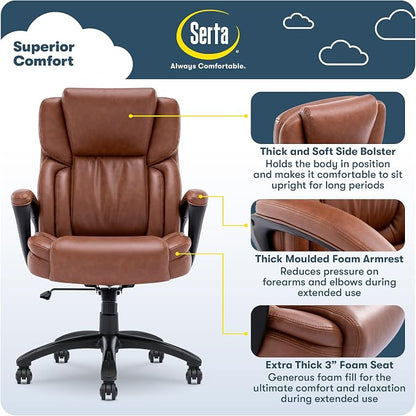 Serta Garret Executive Office Chair, Ergonomic Mid-Back with Lumbar Support, Semi-Plush Cushion and Body Pillows, Padded Armrests, Swivel Base, Bonded Leather, Cognac