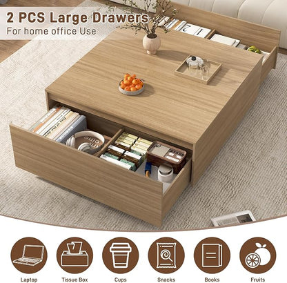 43 Inch Large Square Coffee Table with Storage,Modern Wooden Coffee Table with 2 Drawers Storage for Living Room,Mid Century Tea Table/Aesthetic Coffee Tables Center Table for Home Office(Oak)