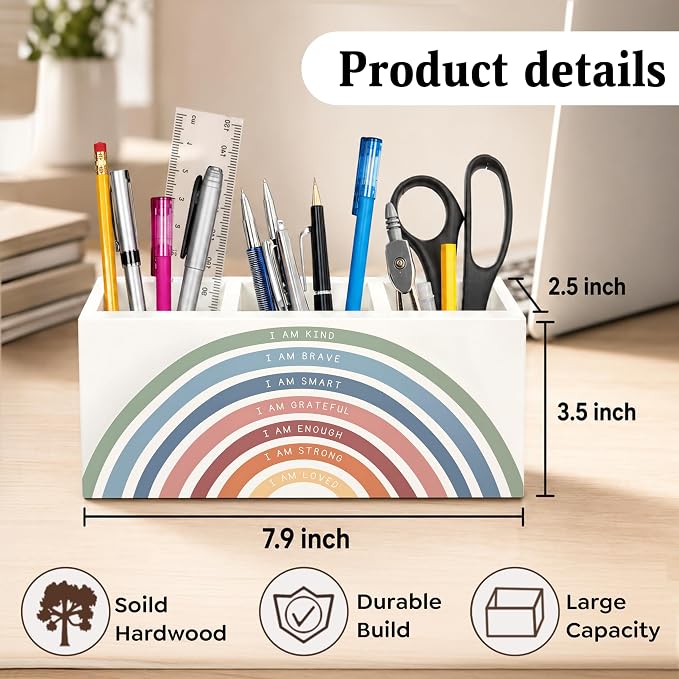 Boho Rainbow Classroom Pen Holder for Desk, I Am Kind Motivational Quotes Wooden Box Sign Desk Decor for Classroom Kids Room Home Office Decoration, Inspirational Pencil Organizer