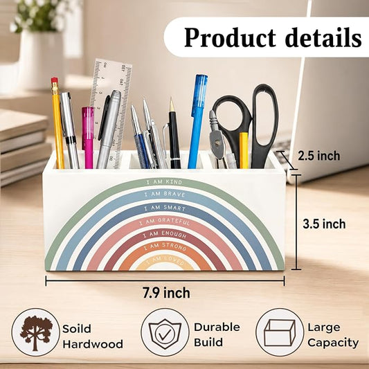 Boho Rainbow Classroom Pen Holder for Desk, I Am Kind Motivational Quotes Wooden Box Sign Desk Decor for Classroom Kids Room Home Office Decoration, Inspirational Pencil Organizer