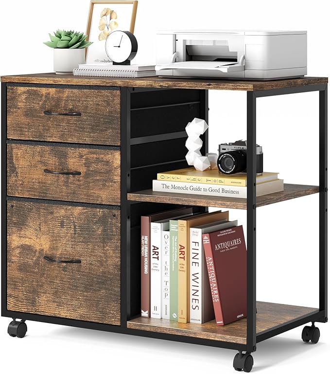 VINGLI 3 Drawer File Cabinet with Wheels Under Desk Printer Stand, Rolling File Cabinet with Shelves Adjustable, Mobile Lateral Filing Cabinet for Home Office, Fits Letter Size, Rustic Brown