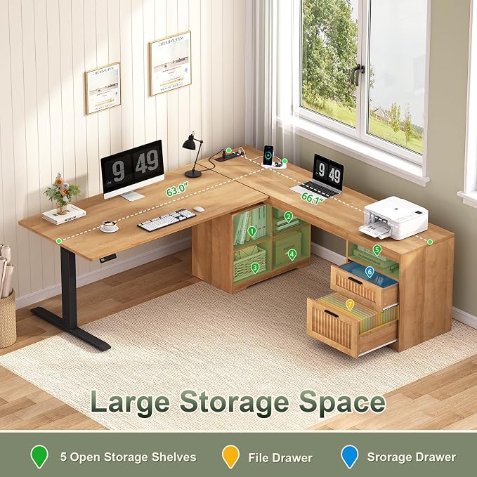 YOMILUVE Fluted L Shaped Standing Desk, 66 inch Corner Electric Standing Desk with Drawers ＆ Storage Shelves, Height Adjustable Computer Desk with Power Outlets for Home Office (Oak)