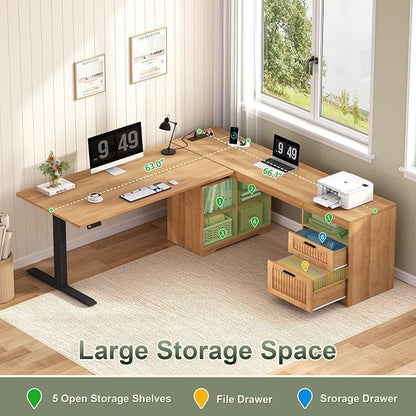 YOMILUVE Fluted L Shaped Standing Desk, 66 inch Corner Electric Standing Desk with Drawers ＆ Storage Shelves, Height Adjustable Computer Desk with Power Outlets for Home Office (Oak)