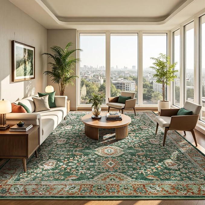 Goideal Washable Rug 8x10, Vintage Area Rugs Non Slip, Indoor Low Pile Carpet with Rubber Backing for Living Room Kitchen Bathroom Entryway Office Bedroom, Green & Orange