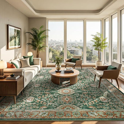 Goideal Washable Rug 8x10, Vintage Area Rugs Non Slip, Indoor Low Pile Carpet with Rubber Backing for Living Room Kitchen Bathroom Entryway Office Bedroom, Green & Orange