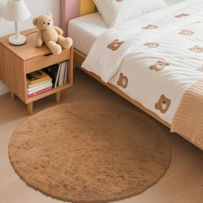 OLANLY Khaki Round Rugs for Bedroom - Machine Washable, 3 ft Circle Area Rugs for Living Room, Soft and Fluffy Shaggy Carpet for Teen Girl and Boys, Nursery Rooms, Dorms, Home Decor Aesthetic