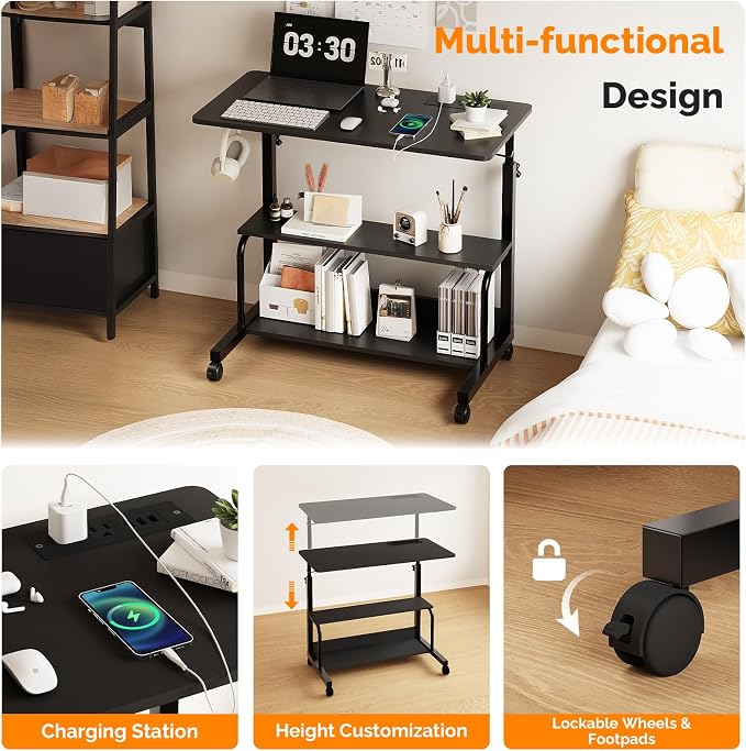 VINGLI 31.5" Mobile Small Standing Desk, Adjustable Height Mobile Computer Desk, w/2 AC Outlets + 3 USB Ports & Hooks, Storage Shelves, Suitable for Gaming, Studying, Home Office, Black