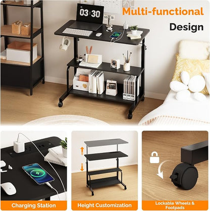 VINGLI 31.5" Mobile Small Standing Desk, Adjustable Height Mobile Computer Desk, w/2 AC Outlets + 3 USB Ports & Hooks, Storage Shelves, Suitable for Gaming, Studying, Home Office, Black