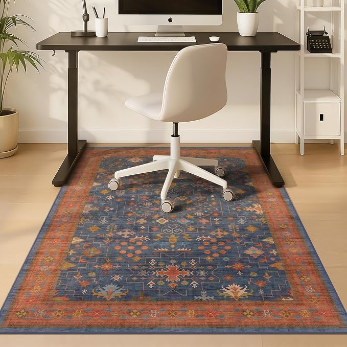 36"x48" Navy Blue Boho Office Chair Mat for Hard Wood & Tile Floor, Low Pile Carpet Floor Protector for Rolling Chair, Machine Washable Under Desk Rug, Non Slip Rubber Backing
