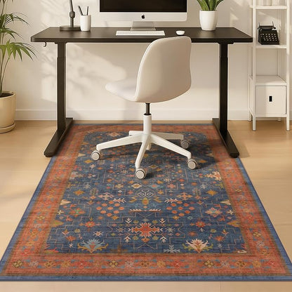 36"x48" Navy Blue Boho Office Chair Mat for Hard Wood & Tile Floor, Low Pile Carpet Floor Protector for Rolling Chair, Machine Washable Under Desk Rug, Non Slip Rubber Backing