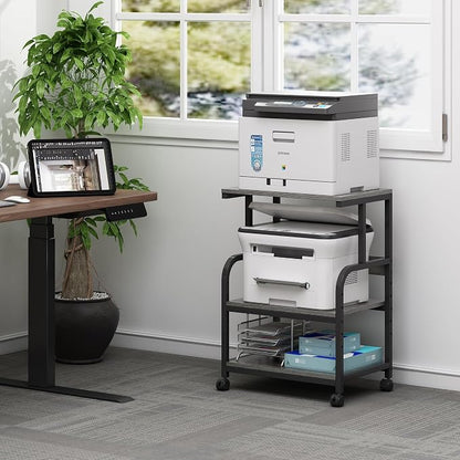 Fannova Printer Stand with Height Adjustable Storage Shelf, 3 Tier Mobile Printer Table with Wheels, Rolling Printer Cart for Home Office Organization, Gray