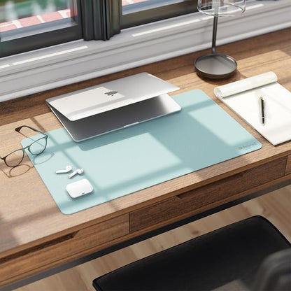 Smead Desk Pad, Vegan Leather Desk Mat with Non-Slip Faux Suede Backing, Perfect Desk Organizer for Office Decor, 23.6” x 13.7” Small, Superior Blue (64840)