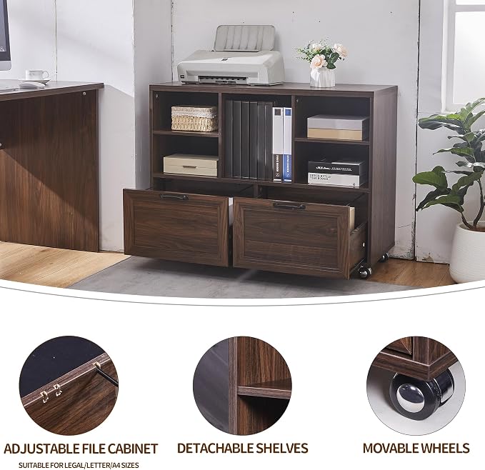 60" Farmhouse Executive Desk and 40" Mobile File Cabinet Combination,L Shaped Executive Desk with Charging Station,Home Office Desk for Office Work,Home Study (Walnut)