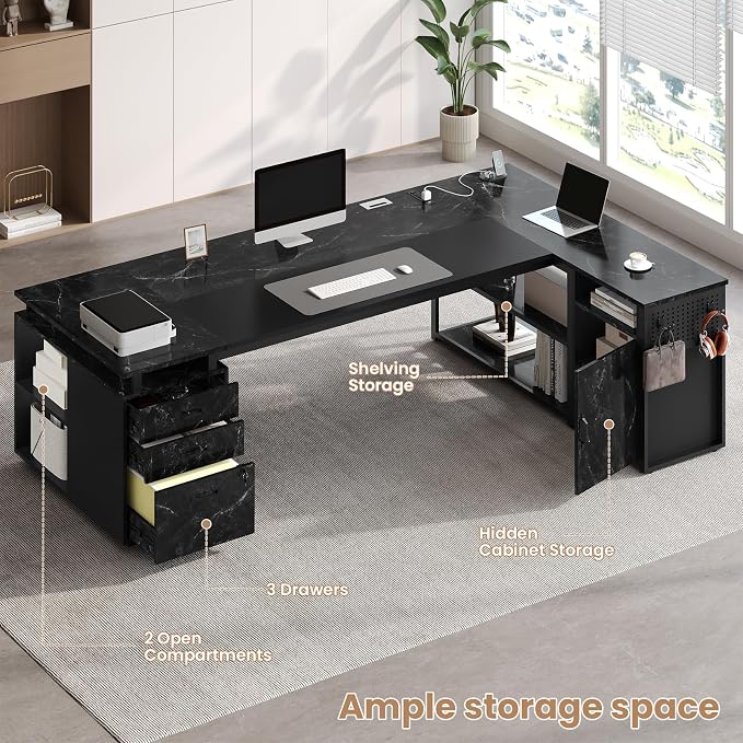 78" Executive Desk with Lockable File Cabinet, L Shaped Office Desk with Power Outlets, Large Executive Desk with Drawers and Storage Shelves, Reversible Computer Desk, Marble Grain