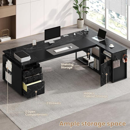 78" Executive Desk with Lockable File Cabinet, L Shaped Office Desk with Power Outlets, Large Executive Desk with Drawers and Storage Shelves, Reversible Computer Desk, Marble Grain