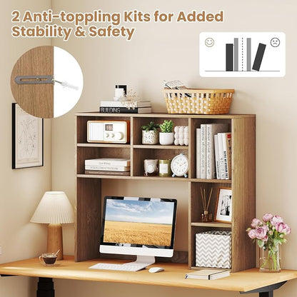 GOFLAME 7 Cubes Desktop Bookshelf, 37” Desk Organizer Shelf with 3 Adjustable Shelves, 3-Tier Wood Countertop Display Rack, Multipurpose Tabletop Desk Hutch for Dorm, Home Office, Natural