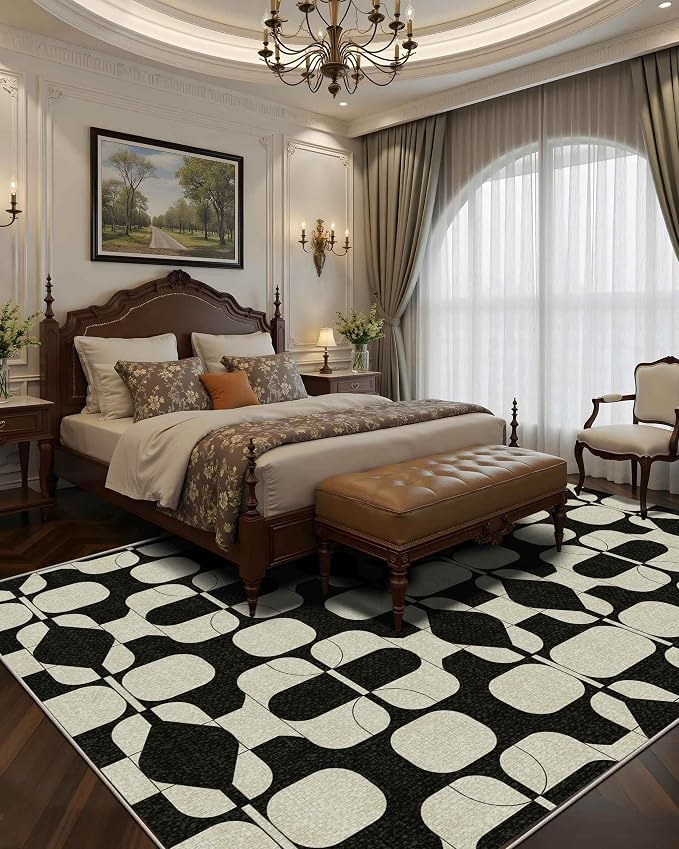 Latte&Fog 8x10 Area Rugs for Living Room, Large Vintage Washable Rug, Boho Non Slip Low Pile Carpet for Indoor Bedroom, Dining Room, Office, Dorm, Classroom, Farmhouse and Kids Room - Black Beige