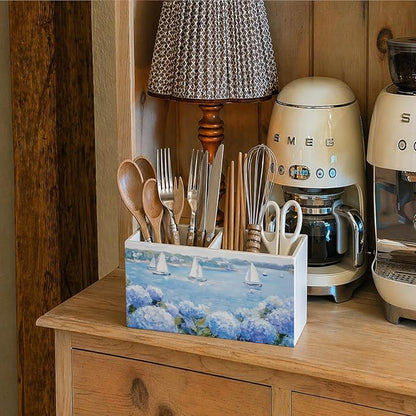 Coastal Beach Blue Hydrangea Pen Pencil Holder for Desk, Blue Pencil Holders Wooden Box Organizer for Girls Room Bedroom Dorm Desk Tabletop,Hydrangea Home Decor
