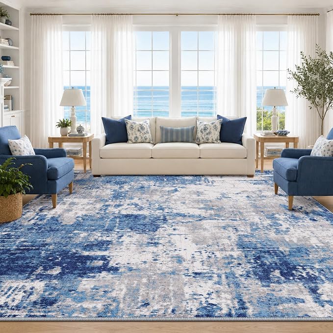 RELEANY Washable Area Rugs 10'x12' Non-Slip Modern Abstract Soft for Living Room Entryway Bedroom Kitchen, Print Pattern, Blue Grey Navy Gray