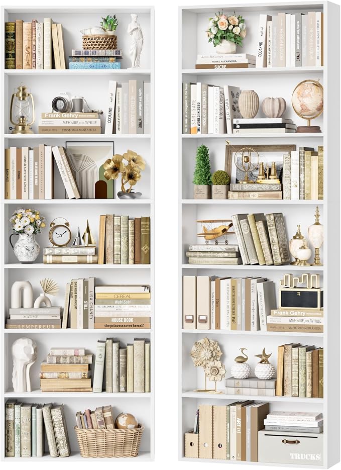 FACBOTALL 82" Tall Bookshelf Set of 2, 7-Tier Double Open Shelves Bookcase,Freestanding Display Storage Shelves, Tall Bookcase Home Decor Furniture for Home Office,Living Room,Bedroom, White