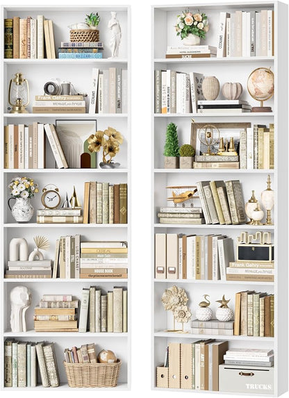 FACBOTALL 82" Tall Bookshelf Set of 2, 7-Tier Double Open Shelves Bookcase,Freestanding Display Storage Shelves, Tall Bookcase Home Decor Furniture for Home Office,Living Room,Bedroom, White