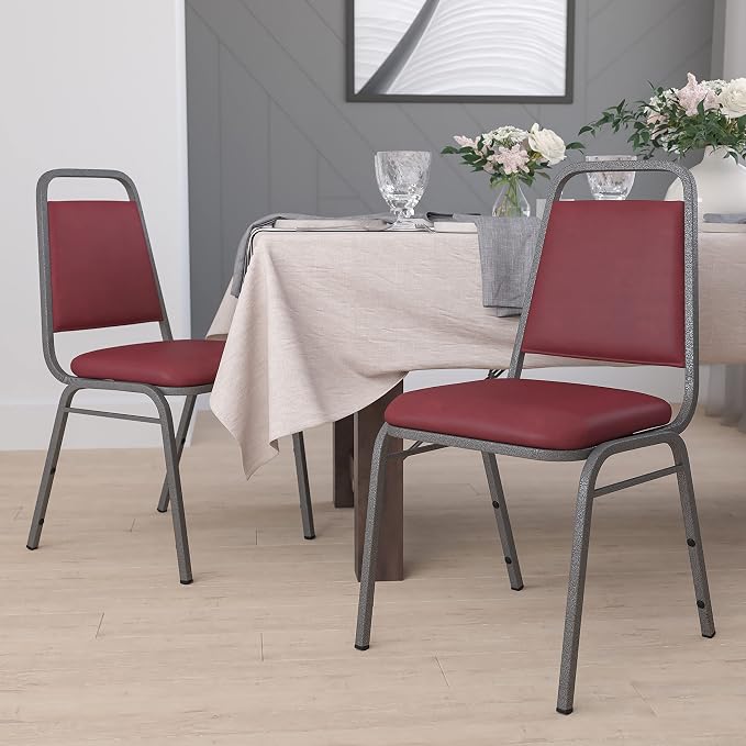 Flash Furniture 4 Pack HERCULES Series Trapezoidal Back Stacking Banquet Chair in Burgundy Vinyl - Silver Vein Frame