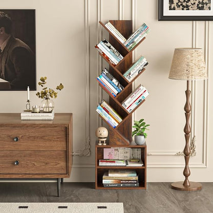 SHEEPAM 10 Tier Tree Bookshelf,Floor Standing Wood Tall Bookcase for Narrow Space, Storage Organizer Bookshelves for Books, Book Case for CDs/Movies/Books,Home Office,Living Room, Bedroom