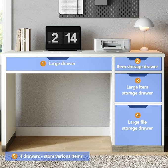 MaverickFurni 52 Inch White Desk with 4 Drawers, Computer Desk with Storage for Small Spaces with Storage File Drawer, Small Home Office Desk with Drawers for Bedroom