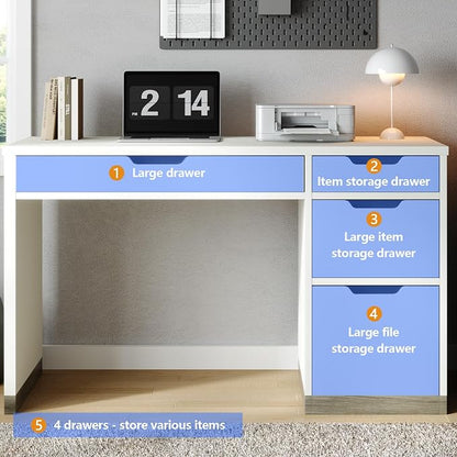 MaverickFurni 52 Inch White Desk with 4 Drawers, Computer Desk with Storage for Small Spaces with Storage File Drawer, Small Home Office Desk with Drawers for Bedroom