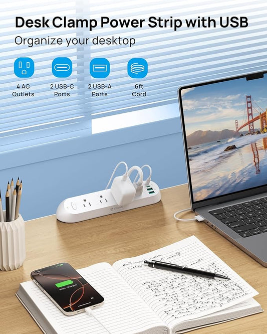 TROND Desk Clamp Power Strip 20W USB C, Surge Protector with 4 Outlets 4 USB Ports, Flat Plug 6ft Extension Cord, 1700J, ETL Listed, Fits 1.97 inch Tabletop Edge, for Home Office Accessories, White