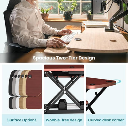 PowerPro 40 Inch Electric Standing Desk Converter – Push-Button Height Adjustable Sit to Stand Desk Riser for Triple Monitors & Laptop – Motorized Desktop Workstation with Wide Keyboard Tray
