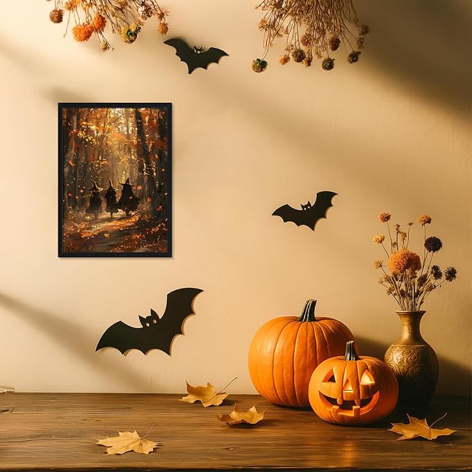 Framed Halloween Witch Wall Art - Autumn Forest Witch Canvas Print, Vintage Gothic Dark Academia Halloween Wall Decor, Spooky Fall Artwork for Bedroom Living Room Home 12x16in Wood Frame