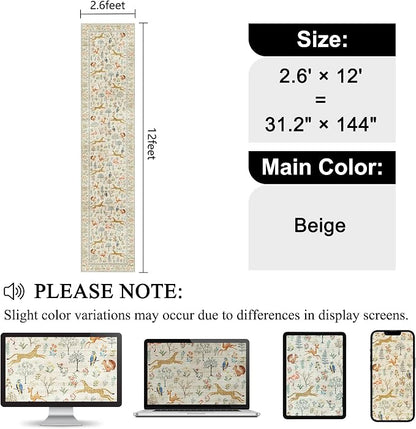 DUKINO 2.6x12 Hallway Runner Rug, Vintage Washable Long Kitchen Rug with Non Slip Backing, Stain Resistant & Low Pile Animal Print Floor Carpet for Indoor Entrance Bathroom, Laundry, Bedroom, Beige