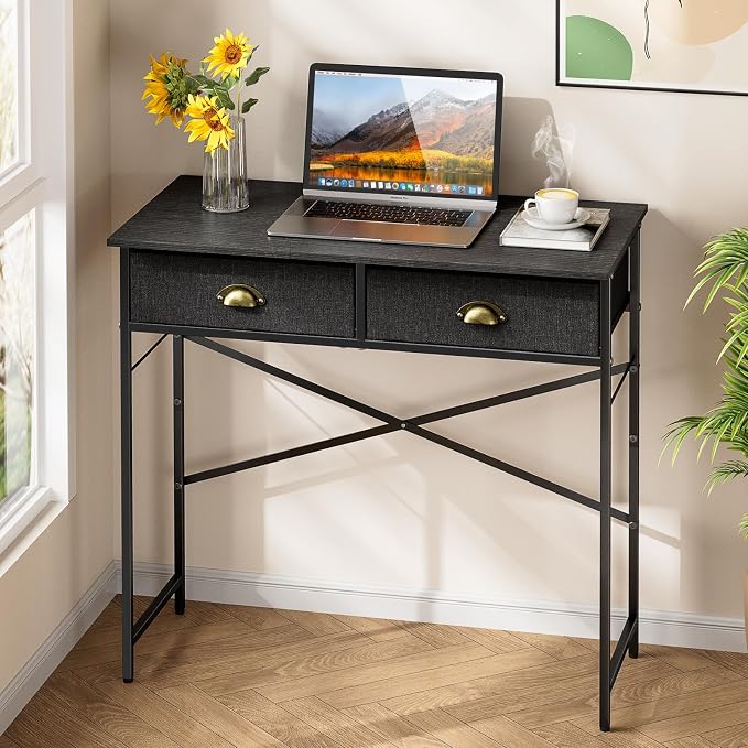 DAOUTIME Black Writing Desk for Kids Bedroom, 31.5 Inch Small Computer Desk for Small Spaces, Simple Desk with 2 Fabric Drawers for Home Office, Dorm, Living Room, Home Study Table, Black