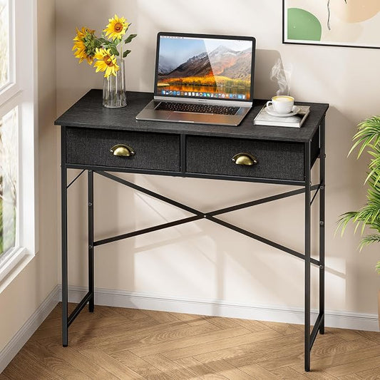 DAOUTIME Black Writing Desk for Kids Bedroom, 31.5 Inch Small Computer Desk for Small Spaces, Simple Desk with 2 Fabric Drawers for Home Office, Dorm, Living Room, Home Study Table, Black