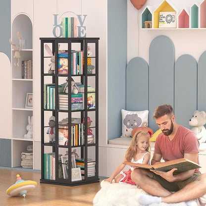 Aheaplus Rotating Bookshelf, Corner Bookshelf, 360 Display Wood Spinning Bookshelfs, Floor Standing Bookcase Narrow Shelf Revolving Organizer Storage Rack for Small Space, Bedroom, Study Room, Black