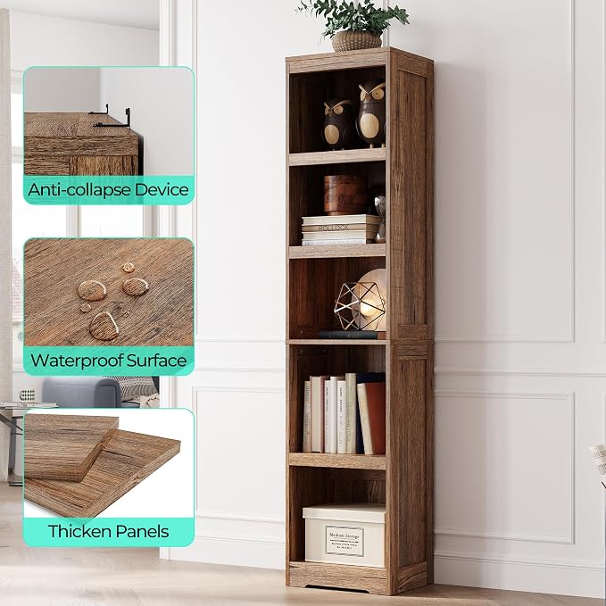 LINSY HOME 5-Shelf Bookcase, Narrow Bookshelves Floor Standing Display Storage Shelves 68 in Tall Bookcase Home Decor Furniture for Home Office, Living Room, Bed Room - Dark Brown