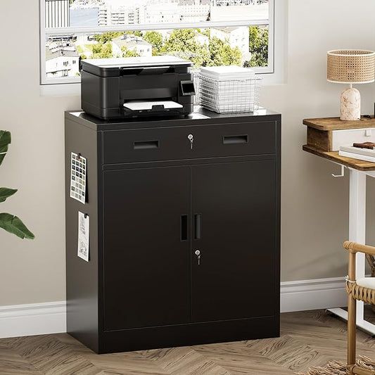 Metal Storage Cabinet 36" H, Locking Storage Cabinet with 1 Drawer and Adjustable Shelf, Garage Storage Cabinet for Home Office, Garage, School, Apartment, Warehouse