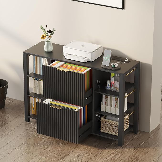 Filing Cabinet for Home Office, Fluted Wood File Cabinet with 2 Drawers Fit Letter/Legal/A4 Folders with Tabs, 43.3" W Printer Stand with Lock & 2 Power Outlets, 6 Storage Shelves (1, Black)