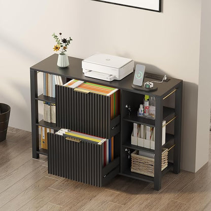 File Cabinet for Home Office, Fluted Filing Cabinet with Charging Station, 2 Drawers Fit Letter/Legal/A4 with Tabs, Printer Stand with Lock & 2 Power Outlets, 6 Shelves (2, Black)