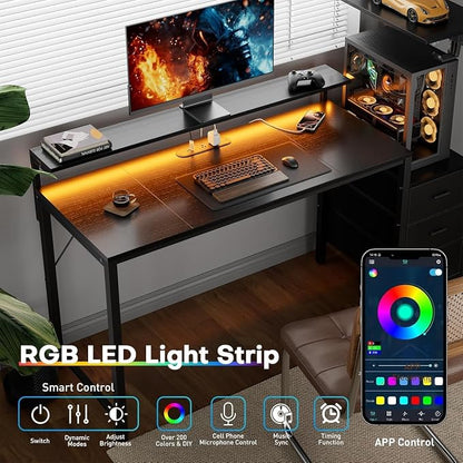 HLDIRECT 60 inch Gaming Desk with 3 Fabric Drawers & Side Hooks-Reversible Home Office Computer Desk with Power Outlets & Led Lights, Gamer Desk Table with Monitor Stand, Black