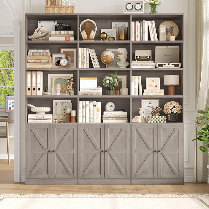 FACBOTALL 75" Triple Wide Bookshelf, Bookshelf and Bookcase with 6 Farmhouse Doors, 71" Wide 6 Tier Book Shelf with 18 Storage Shelves, Large Wooden Bookshelves, Tall Bookcase for Home Office, Gray
